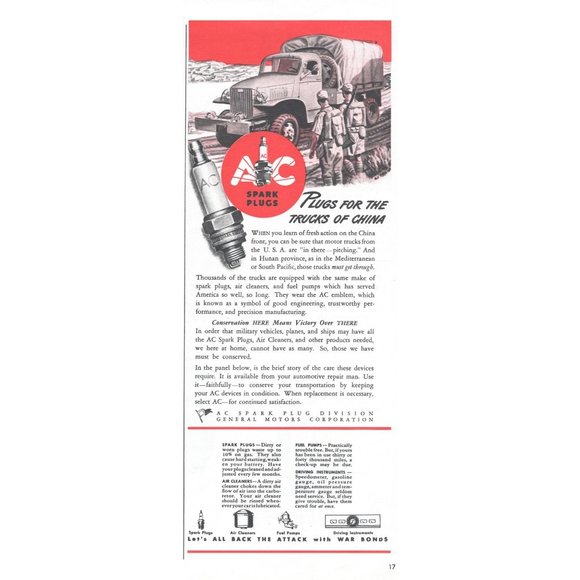 1944 AC Spark Plugs Trucks of China Vintage Print Ad WW2 War Bonds Army Wall Art - Picture 1 of 2
